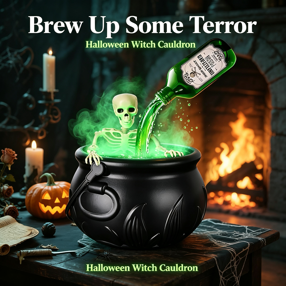 > 🕯️ Magical Bubbling Witch Cauldron — Halloween Fog Maker with Floating Potion Bottles & Glowing Skeleton for Home Party Decor 🍵