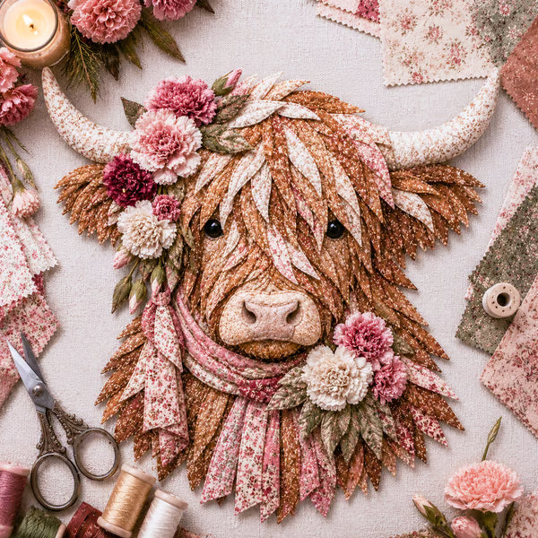 🐮💐🌸 Birth Flower Highland Cow 3D Layered Fabric Art DIY Kit | Complete Kit Included