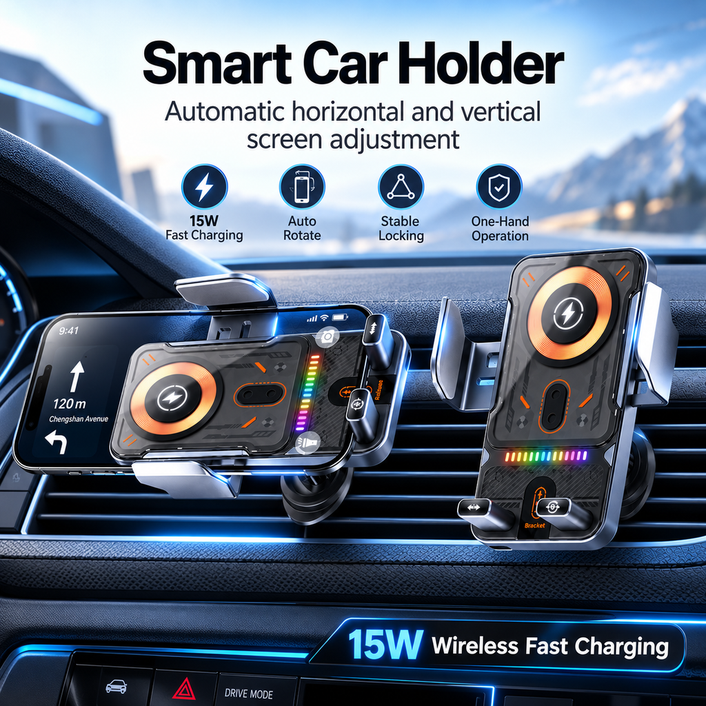 ⚡Smart 2-in-1 Car Phone Mount – 15W Wireless Charging & Auto-Rotating Grip