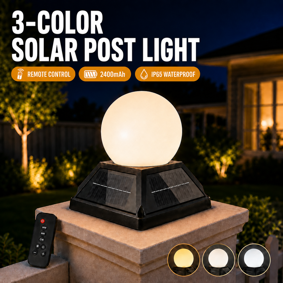 ☀️ 3-Color Dimmable Solar Post Light with Remote – 2400mAh, IP65 Waterproof