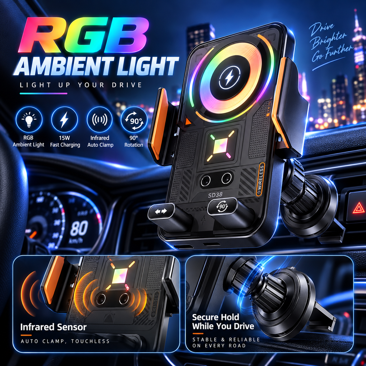 Auto-Rotating Wireless Car Charger Phone Mount with Infrared Auto Clamp