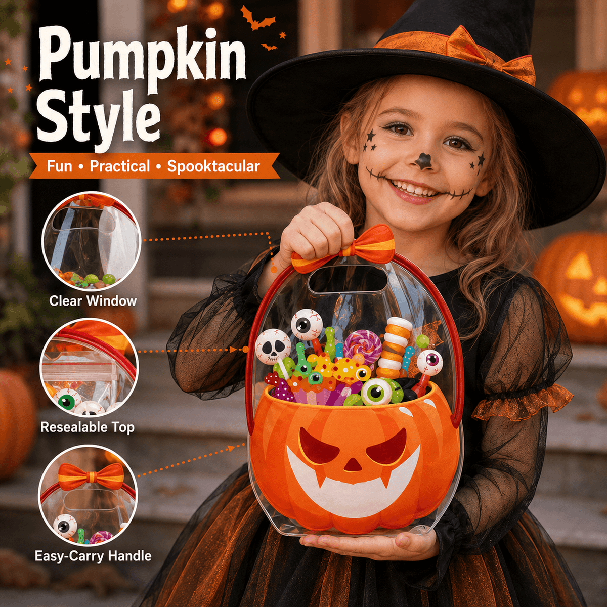 Pack Pumpkin Halloween Treat Bags – Resealable Clear Party Favour Bags with Handles