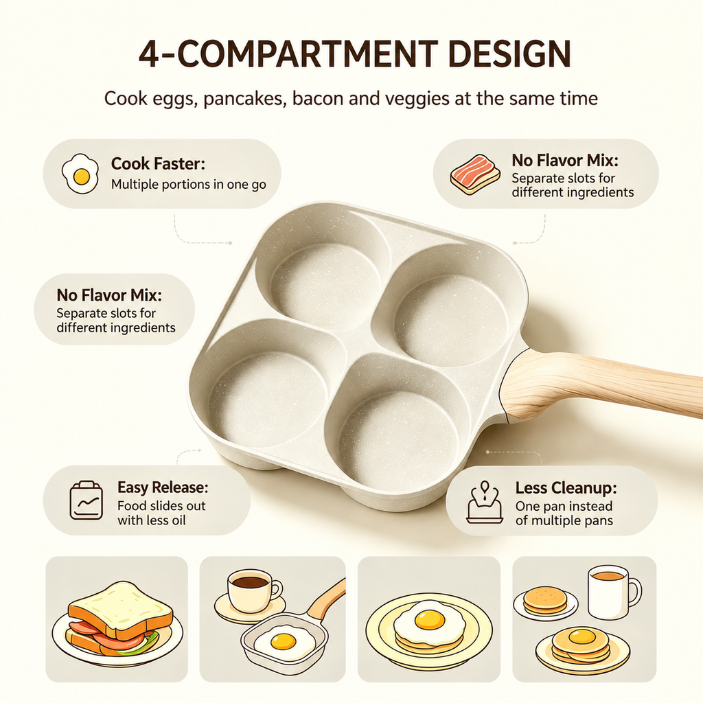 🍳4-Cup Nonstick Egg Pan, Wood Handle, Multi-Color Breakfast Skillet