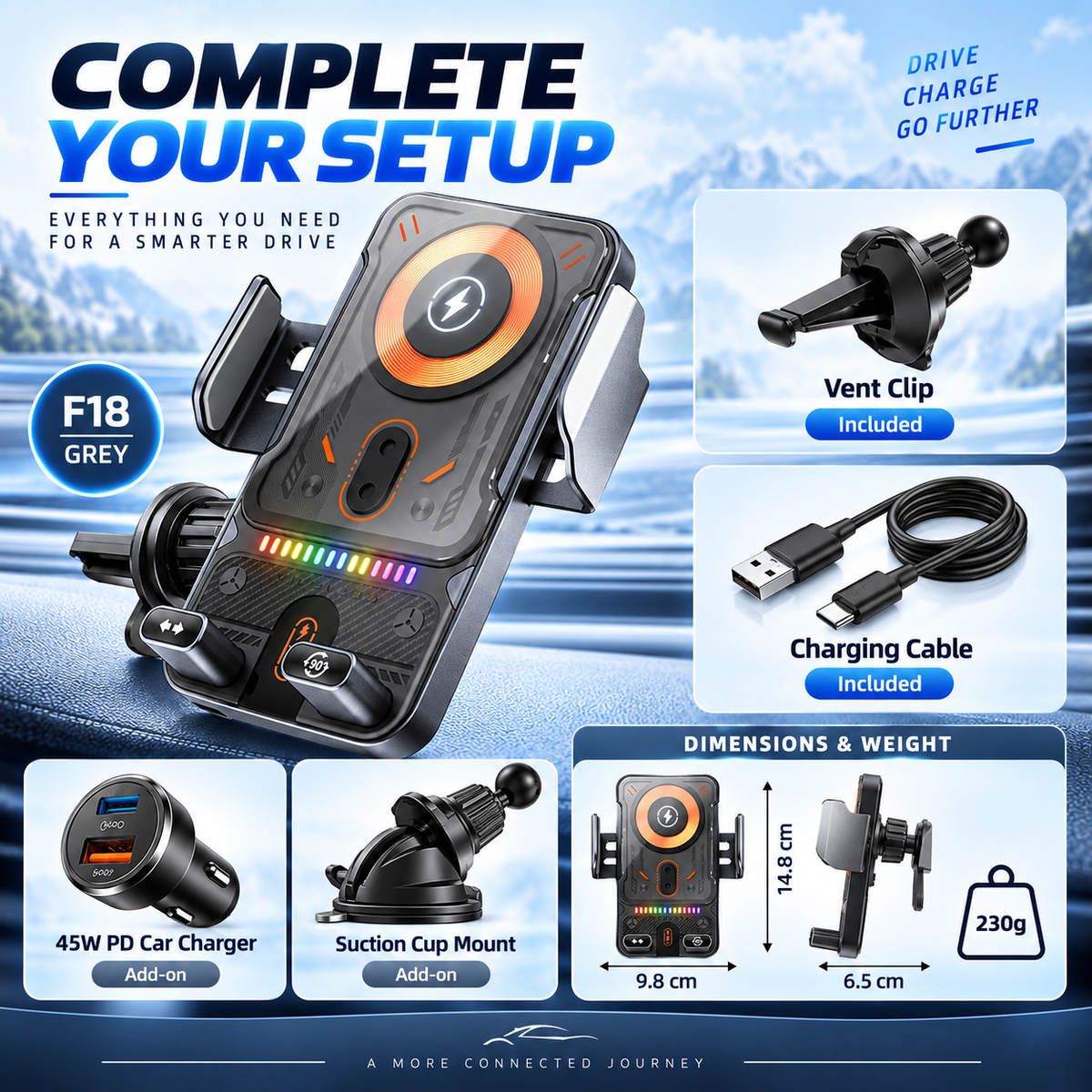 Auto-Rotating Wireless Car Charger Phone Mount with Infrared Auto Clamp