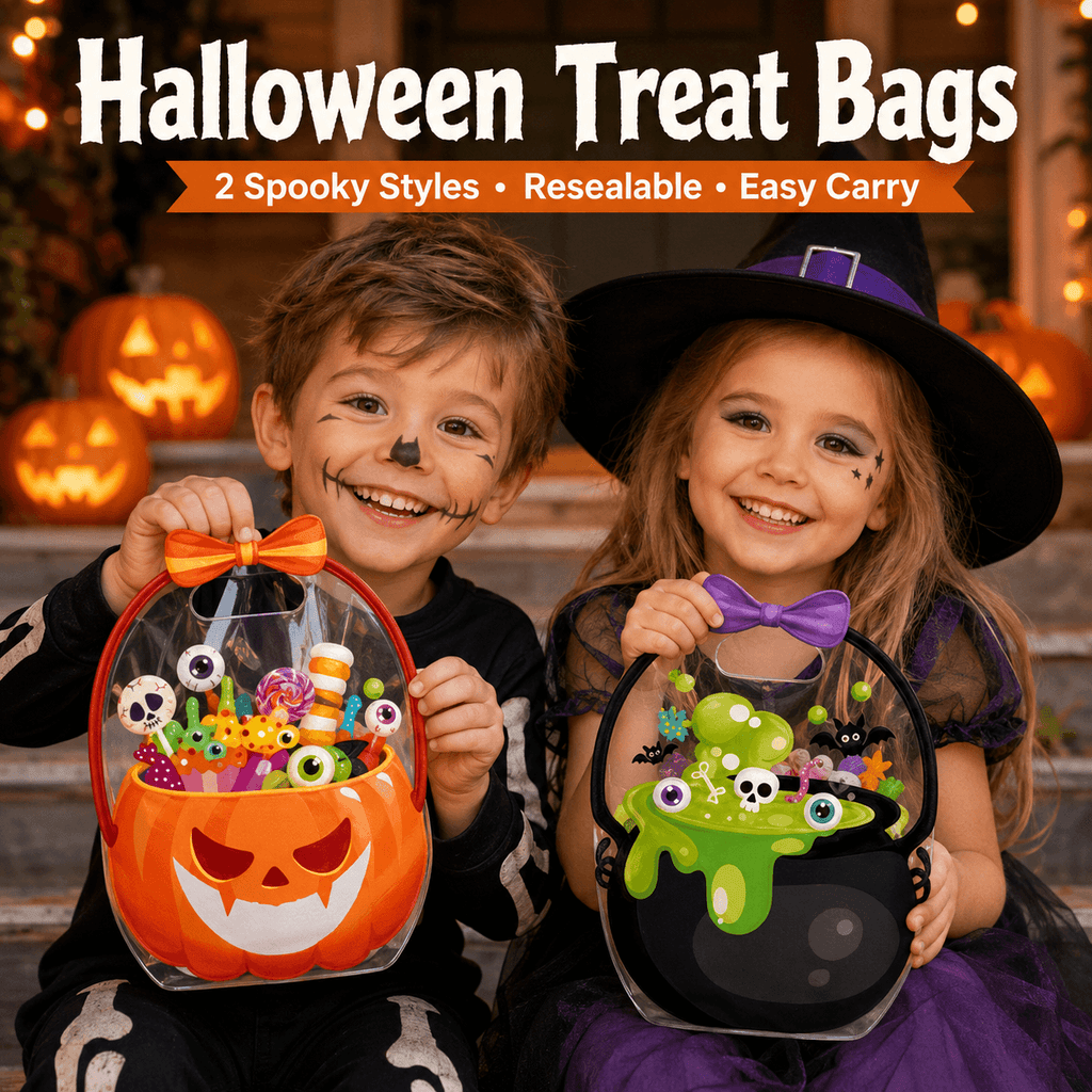 Pack Pumpkin Halloween Treat Bags – Resealable Clear Party Favour Bags with Handles