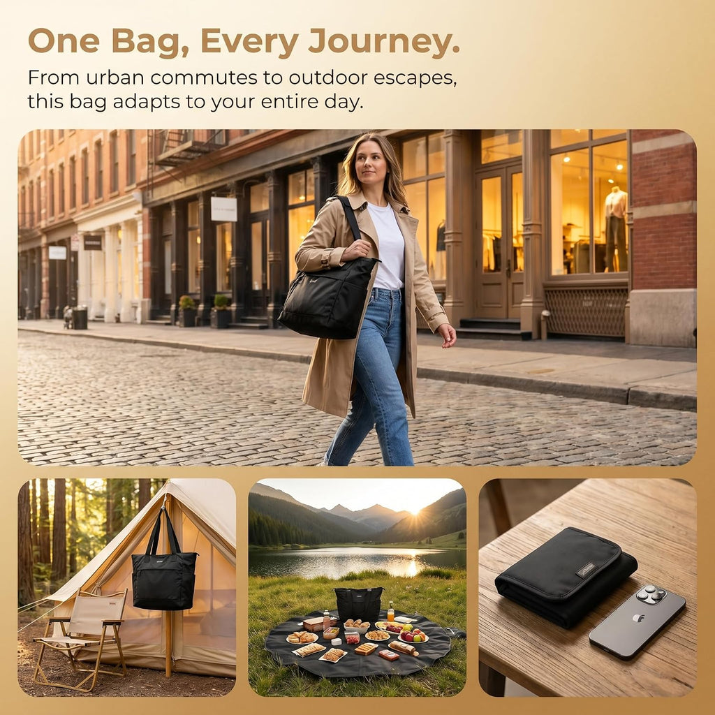 2-in-1 Convertible Tote Bag and Picnic Blanket, Water Resistant Oxford Fabric Reusable Pull-Strap Carryall