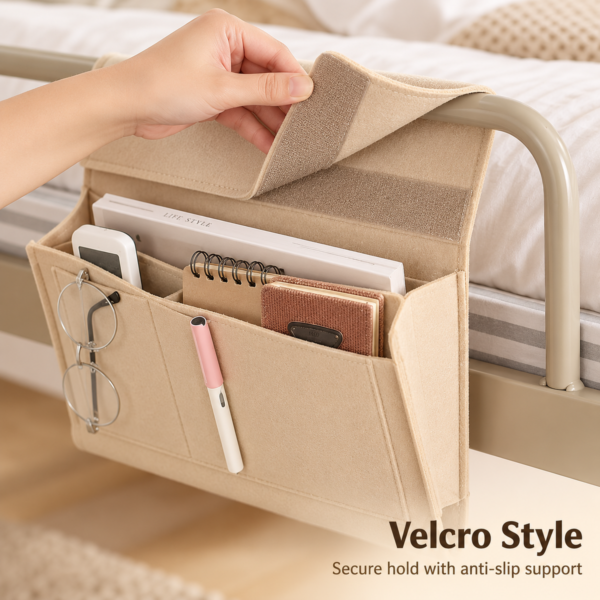 🛏️ Hanging Felt Bedside Caddy Organizer – 5-Pocket Mattress & Sofa Storage ✨