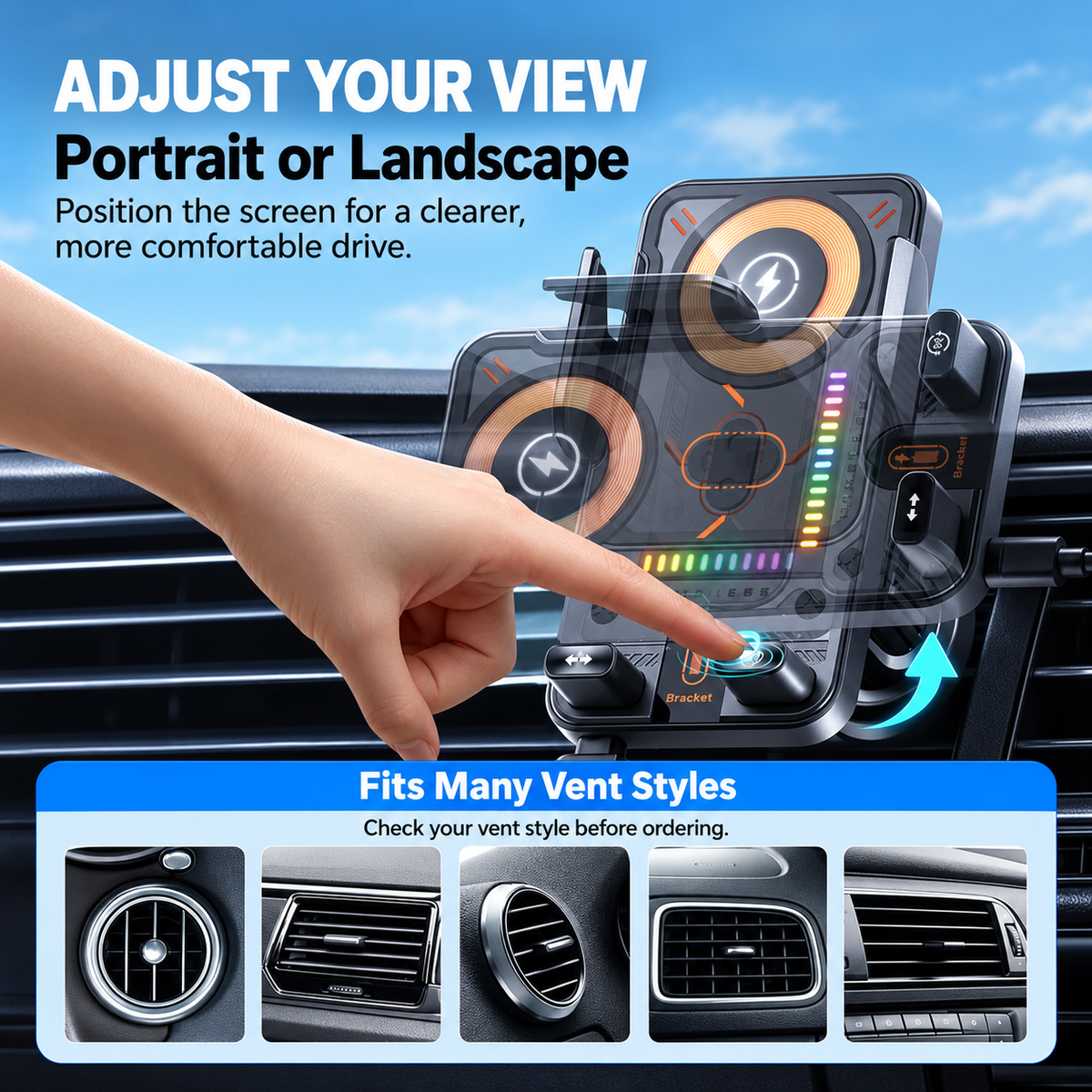 ⚡Smart 2-in-1 Car Phone Mount – 15W Wireless Charging & Auto-Rotating Grip