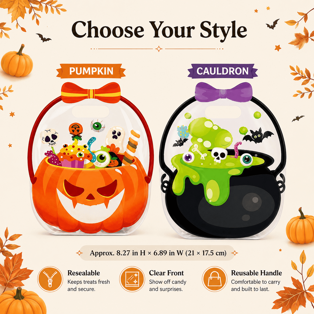 Pack Pumpkin Halloween Treat Bags – Resealable Clear Party Favour Bags with Handles
