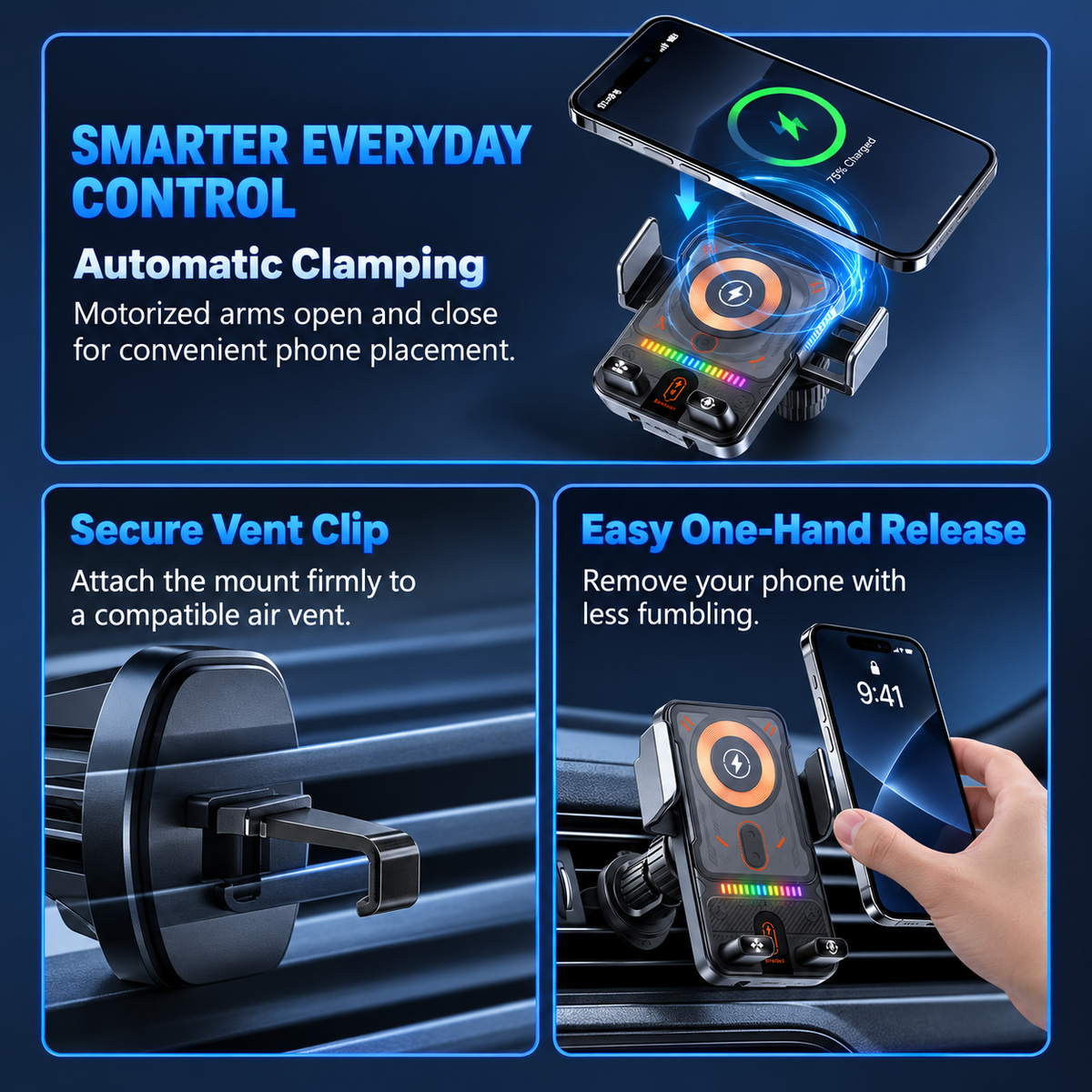 ⚡Smart 2-in-1 Car Phone Mount – 15W Wireless Charging & Auto-Rotating Grip