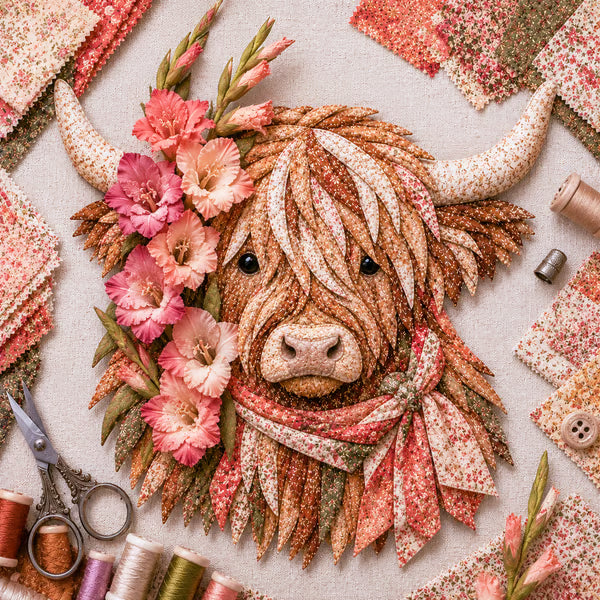 🐮💐🌸 Birth Flower Highland Cow 3D Layered Fabric Art DIY Kit | Complete Kit Included
