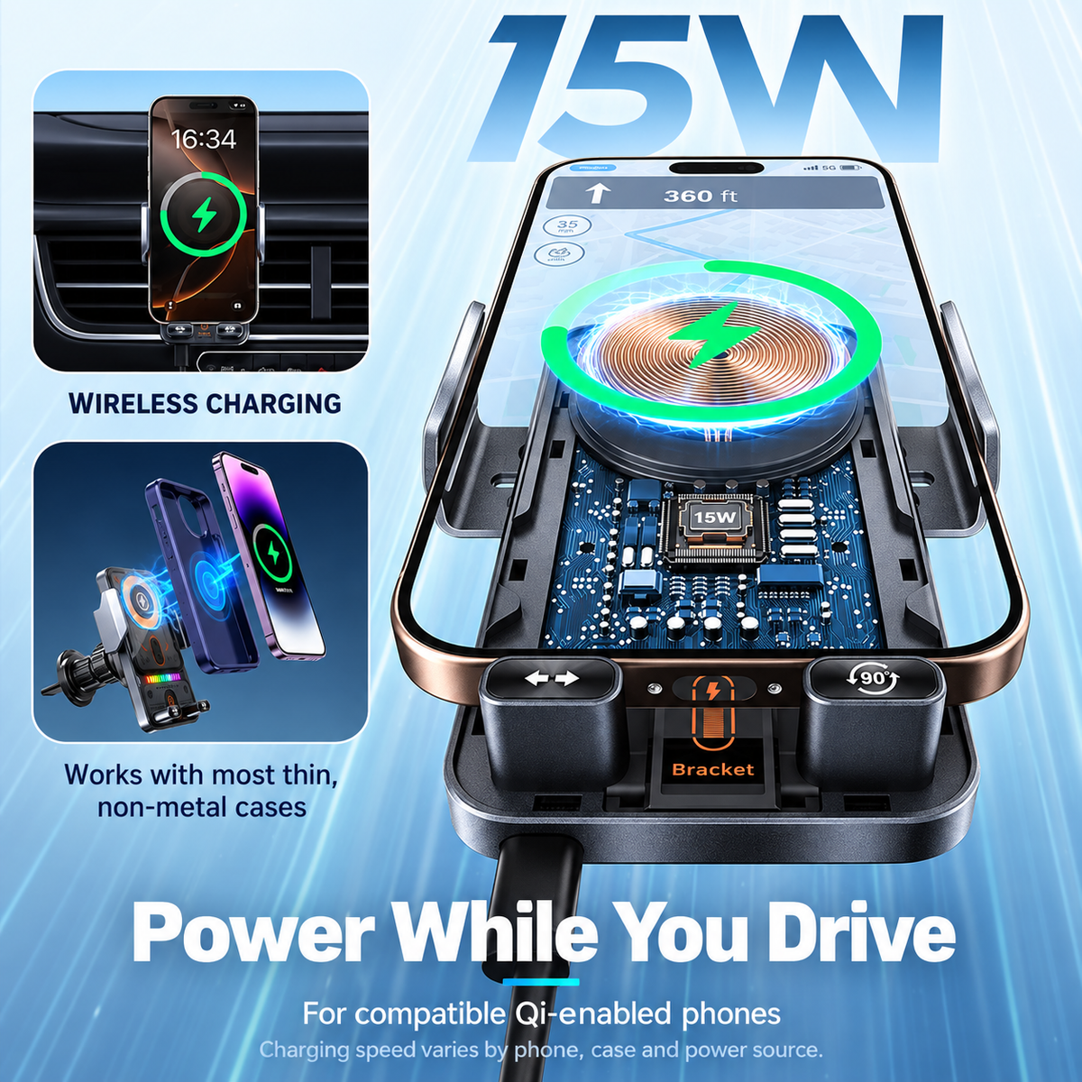⚡Smart 2-in-1 Car Phone Mount – 15W Wireless Charging & Auto-Rotating Grip