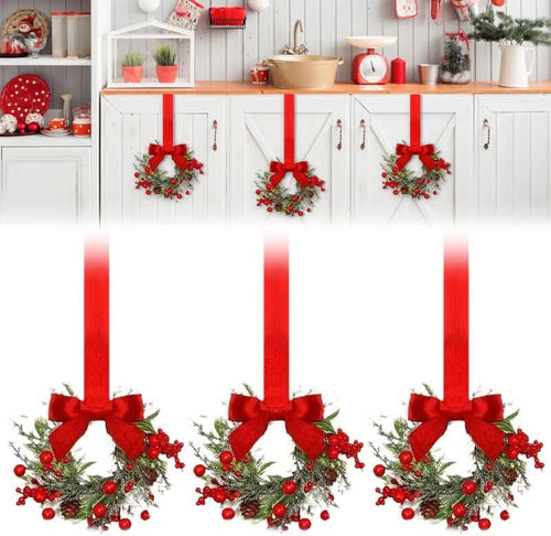 6-Pack 10" Christmas Mini Cabinet Wreaths for Kitchen with Ribbon Bows Red Berry