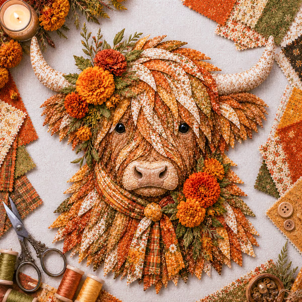 🐮💐🌸 Birth Flower Highland Cow 3D Layered Fabric Art DIY Kit | Complete Kit Included