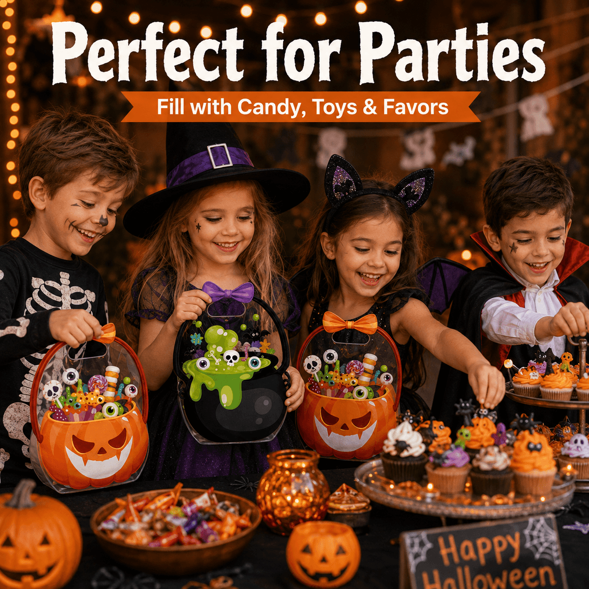 Pack Pumpkin Halloween Treat Bags – Resealable Clear Party Favour Bags with Handles