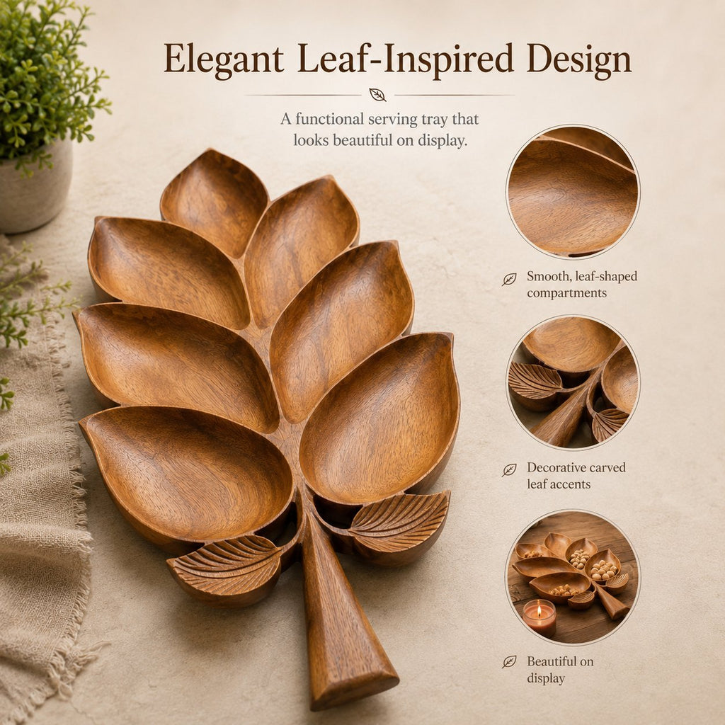 Hand-Carved Solid Sheesham Wood Leaf Serving Tray