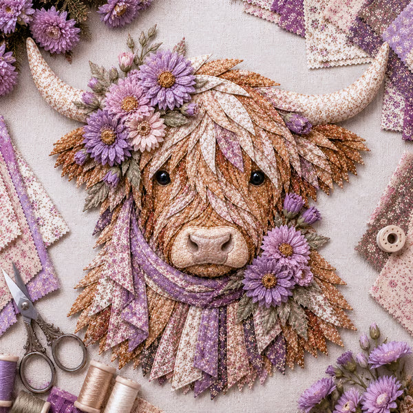 🐮💐🌸 Birth Flower Highland Cow 3D Layered Fabric Art DIY Kit | Complete Kit Included