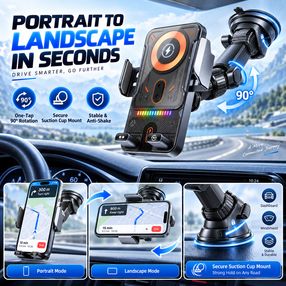 Auto-Rotating Wireless Car Charger Phone Mount with Infrared Auto Clamp