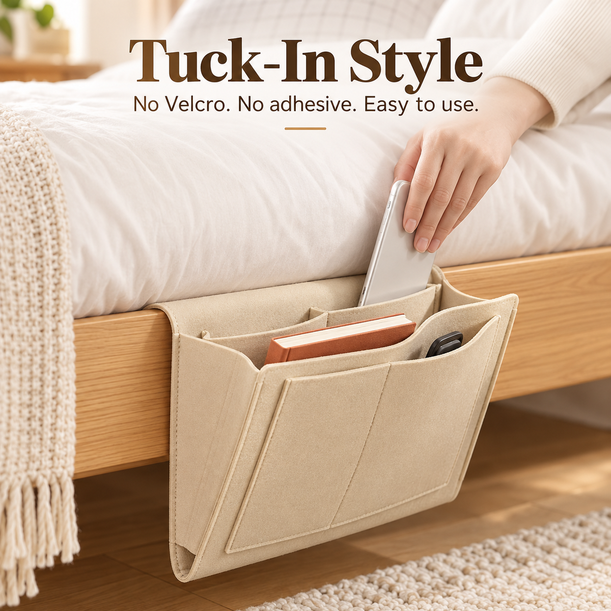 🛏️ Hanging Felt Bedside Caddy Organizer – 5-Pocket Mattress & Sofa Storage ✨