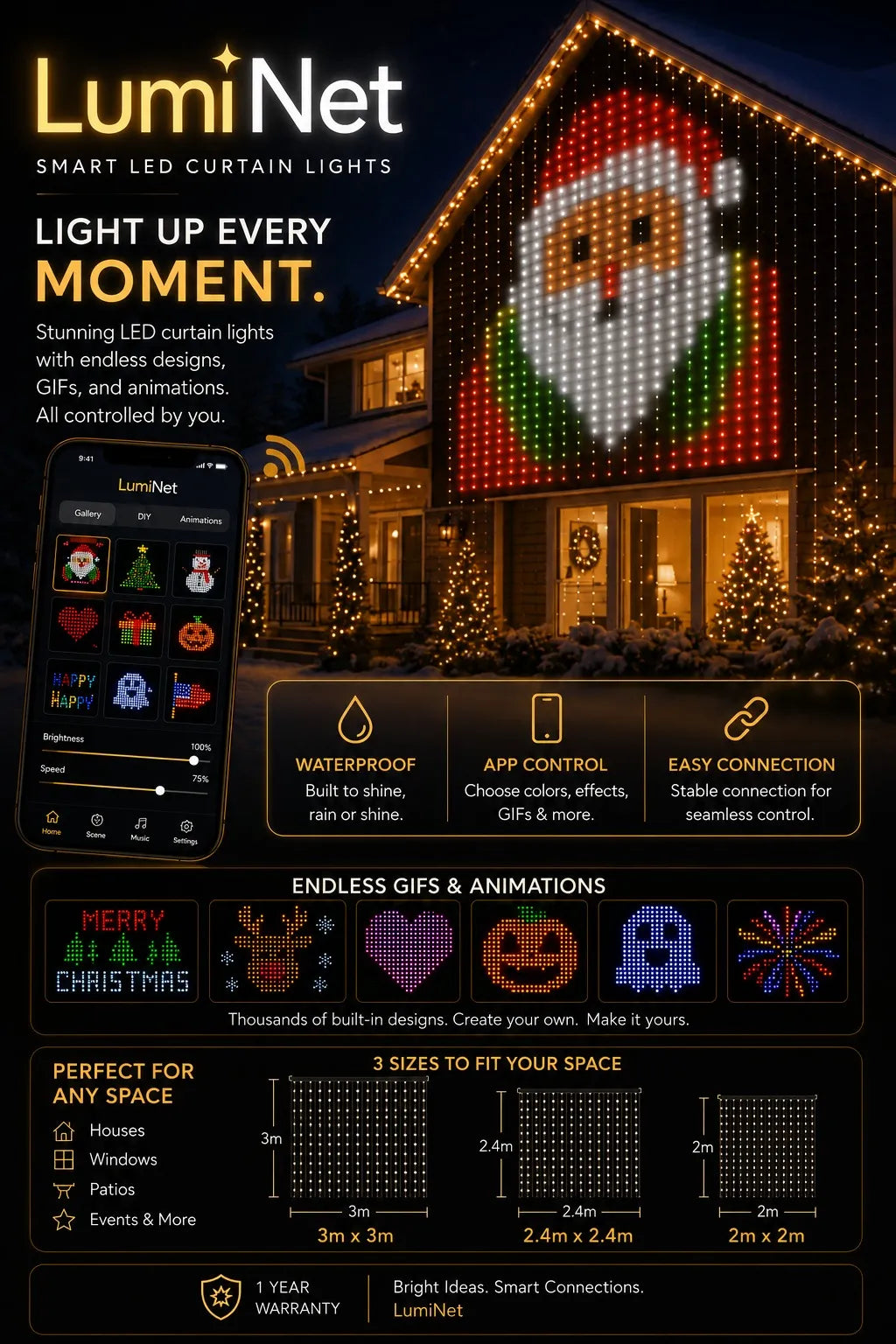 🎇Turn Any Window Into a Light Show.One Light Curtain. Endless Occasions.Create animated patterns, holiday scenes, custom messages and more — all from your phone.