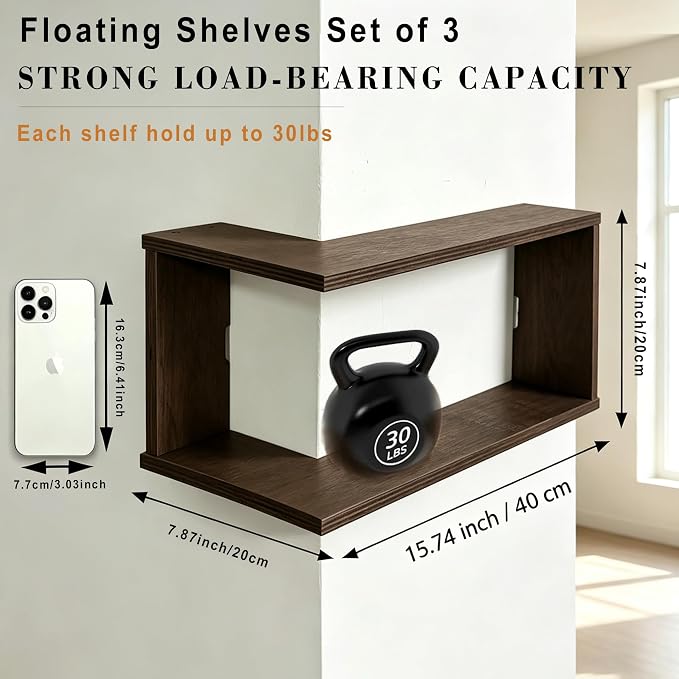 🏠 90° Corner Wall Shelf (LED)— Real Solid Wood, No Assembly Needed