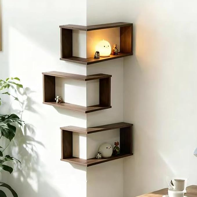 🏠 90° Corner Wall Shelf (LED)— Real Solid Wood, No Assembly Needed