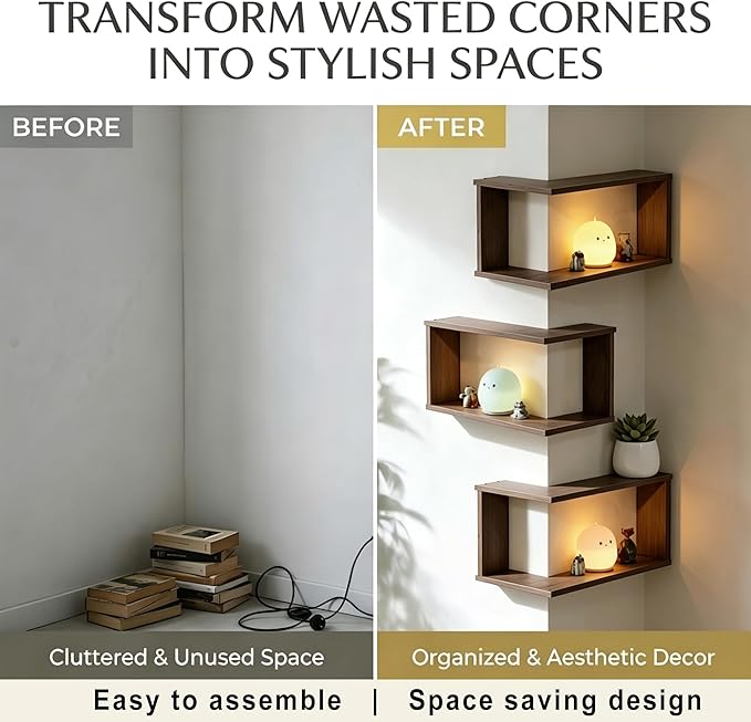 🏠 90° Corner Wall Shelf (LED)— Real Solid Wood, No Assembly Needed