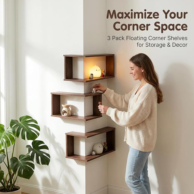 🏠 90° Corner Wall Shelf (LED)— Real Solid Wood, No Assembly Needed