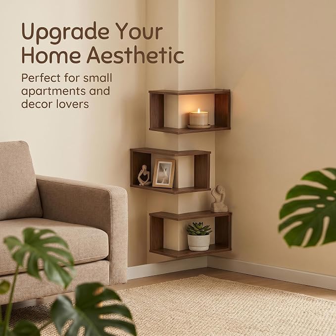 🏠 90° Corner Wall Shelf (LED)— Real Solid Wood, No Assembly Needed