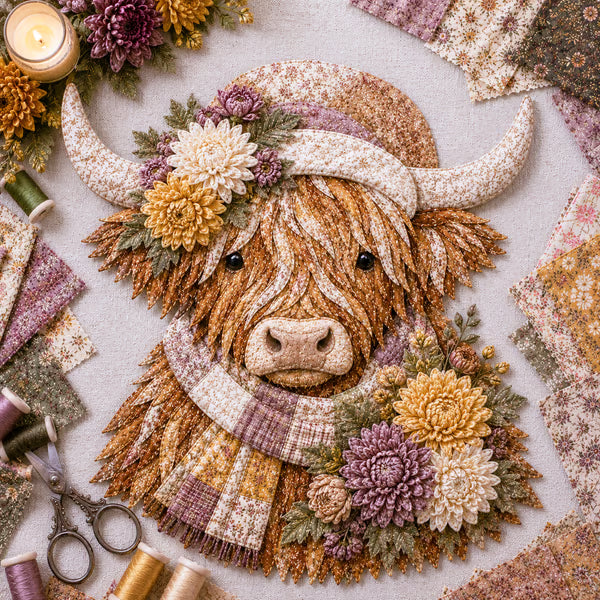 🐮💐🌸 Birth Flower Highland Cow 3D Layered Fabric Art DIY Kit | Complete Kit Included