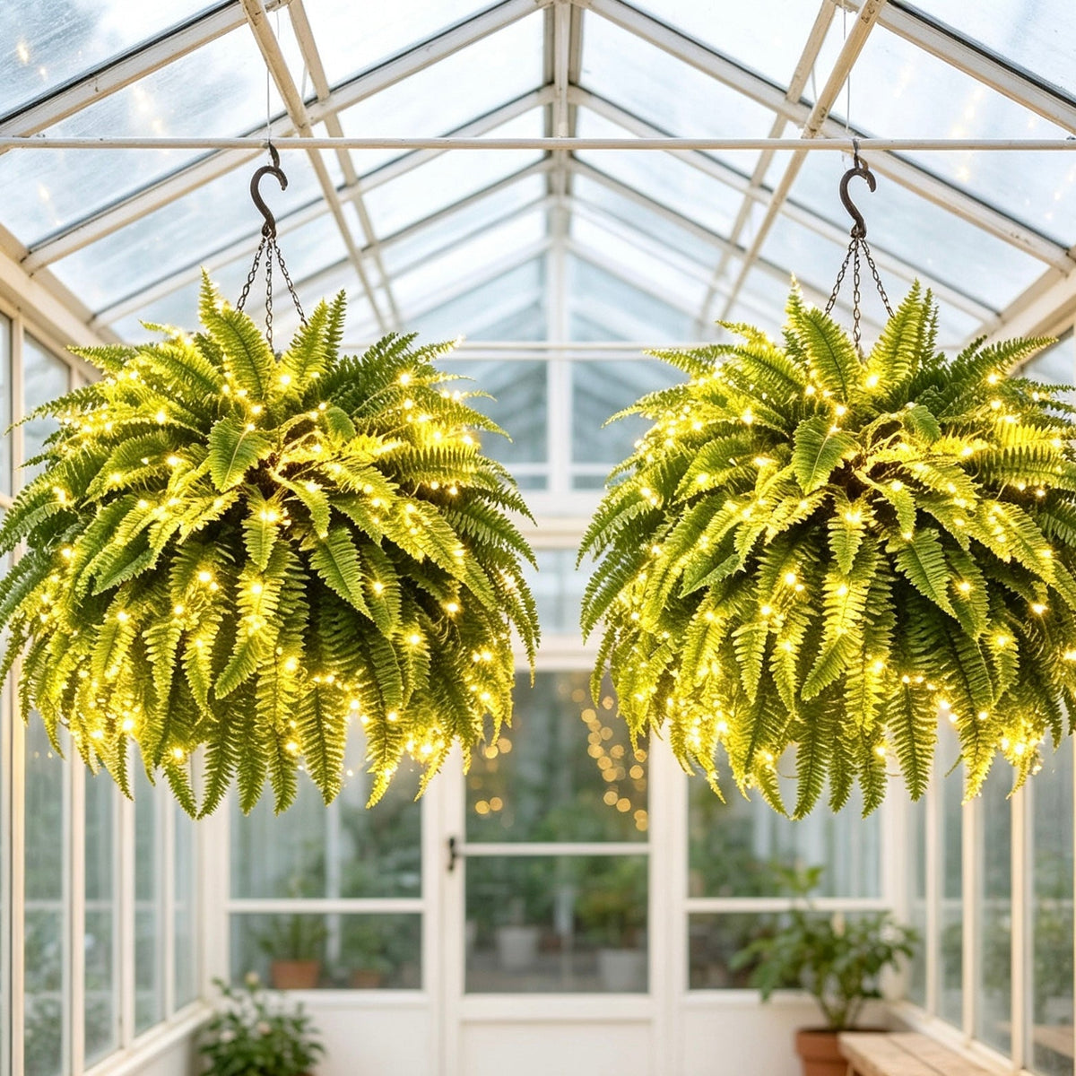 Glowing 88-Branch Boston Ferns with Lights – 48" long • 30" wide Zero Watering, Zero Maintenance