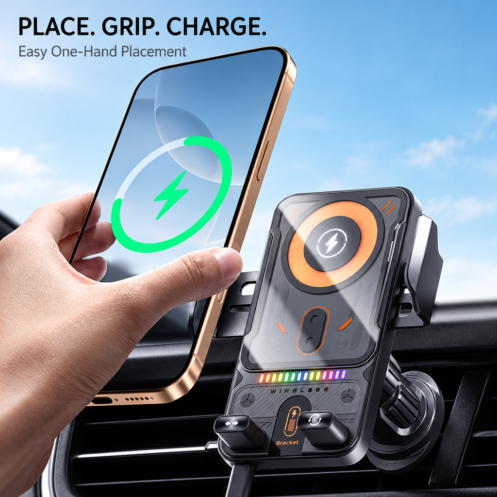 ⚡Smart 2-in-1 Car Phone Mount – 15W Wireless Charging & Auto-Rotating Grip