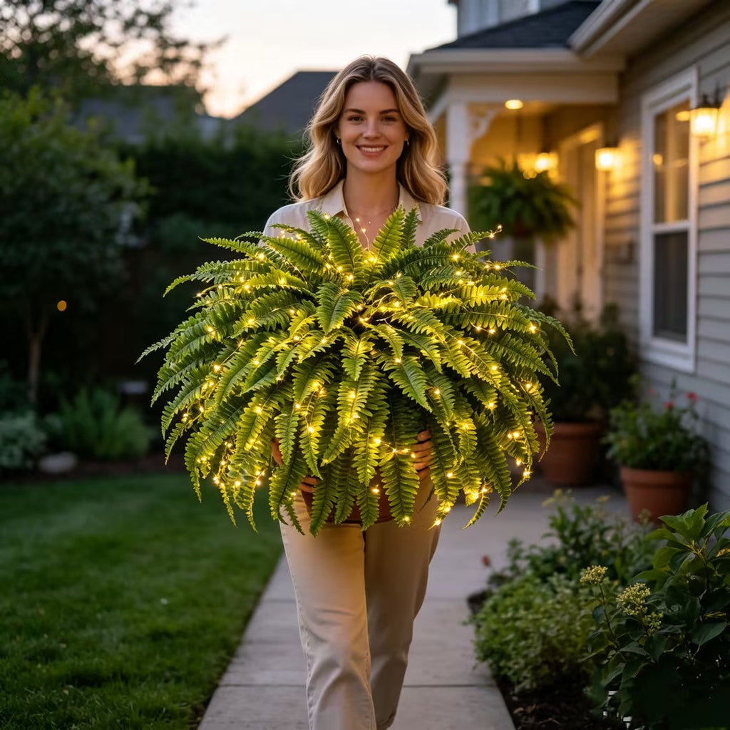 Glowing 88-Branch Boston Ferns with Lights – 48" long • 30" wide Zero Watering, Zero Maintenance