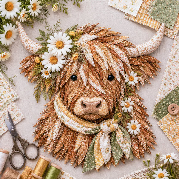 🐮💐🌸 Birth Flower Highland Cow 3D Layered Fabric Art DIY Kit | Complete Kit Included