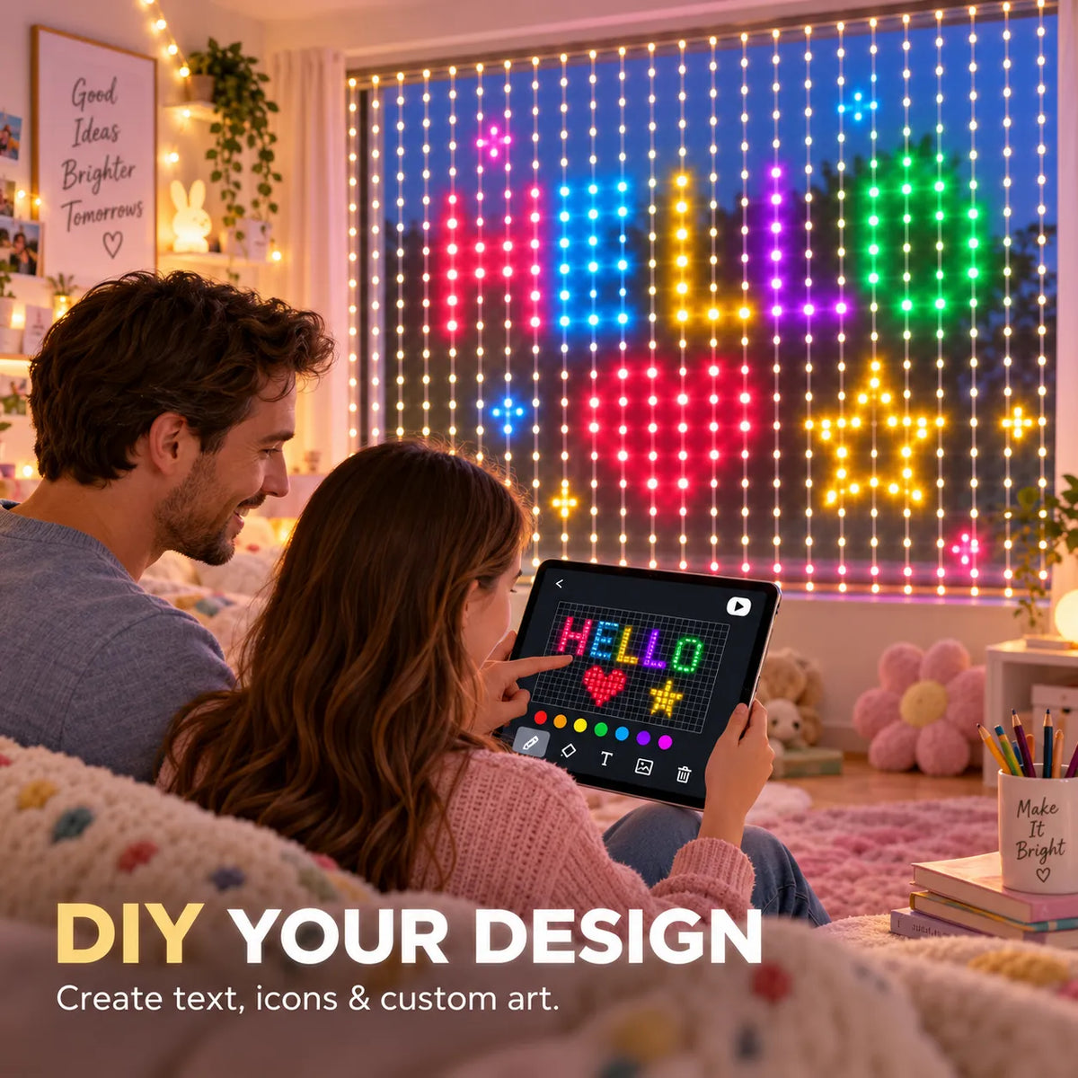 🎇Turn Any Window Into a Light Show.One Light Curtain. Endless Occasions.Create animated patterns, holiday scenes, custom messages and more — all from your phone.