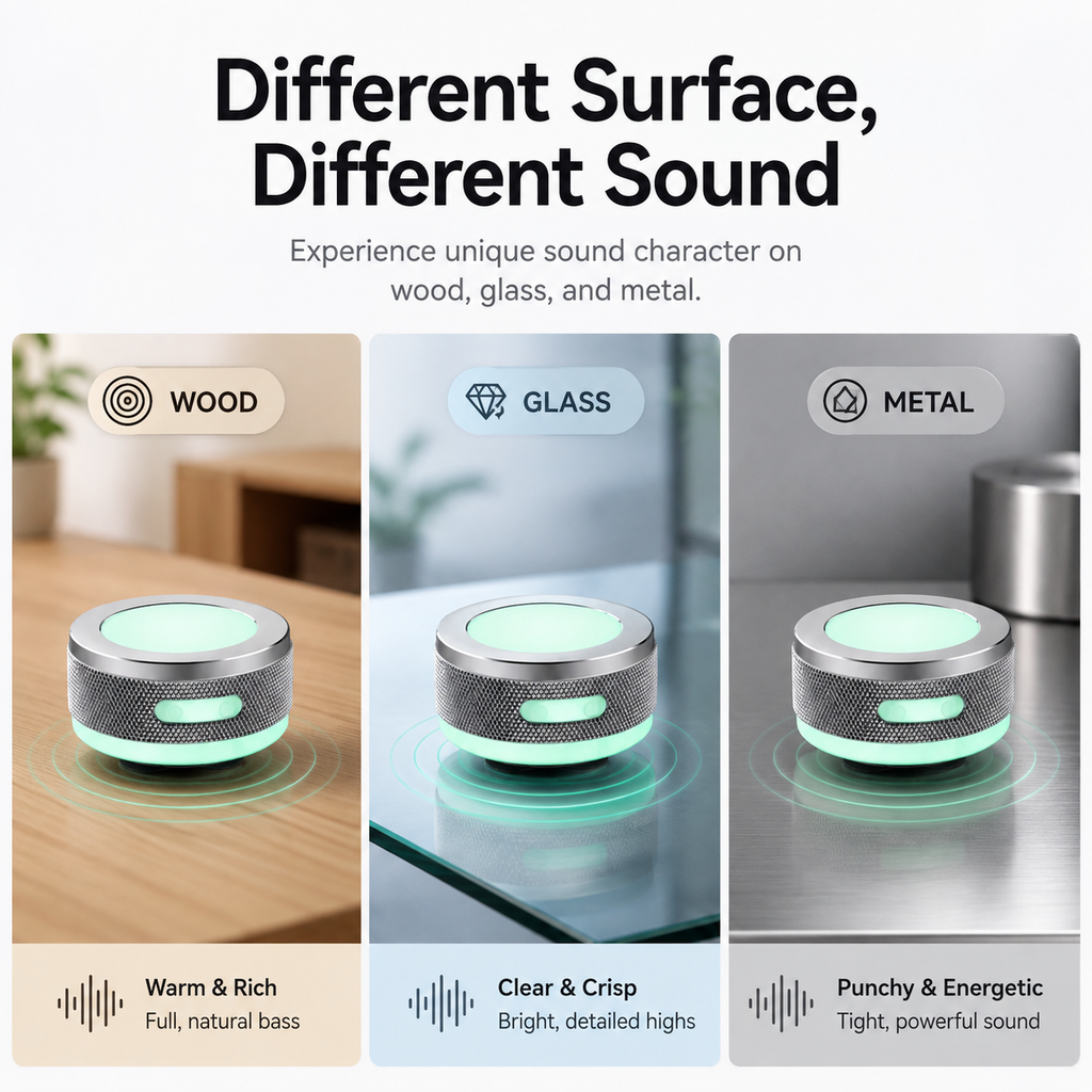 Mini Vibration Bluetooth Speaker with TWS & RGB Light – Portable Surface Resonance Speaker