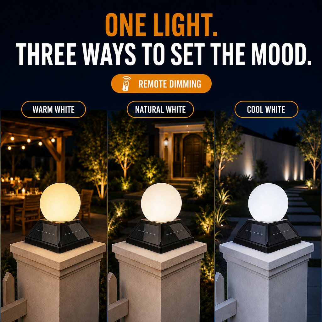 ☀️ 3-Color Dimmable Solar Post Light with Remote – 2400mAh, IP65 Waterproof