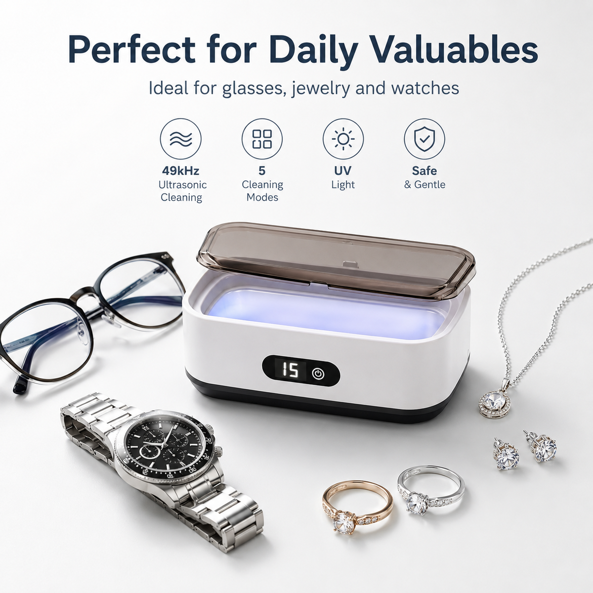 Large Capacity Ultrasonic Jewelry Cleaner with UV Light for Glasses, Watches & Jewelry