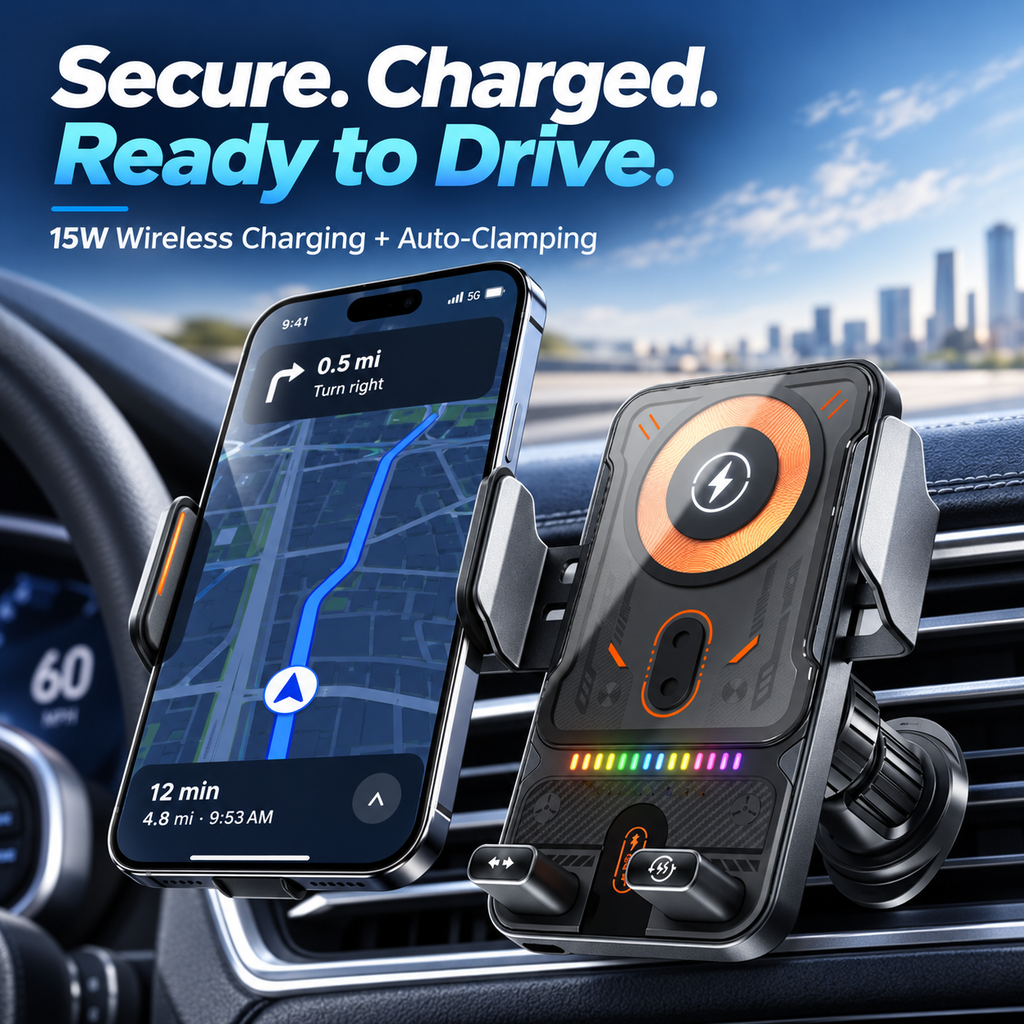 🔥 Smart 2-in-1 Car Phone Mount – 15W Wireless Charging & Auto-Rotating Grip