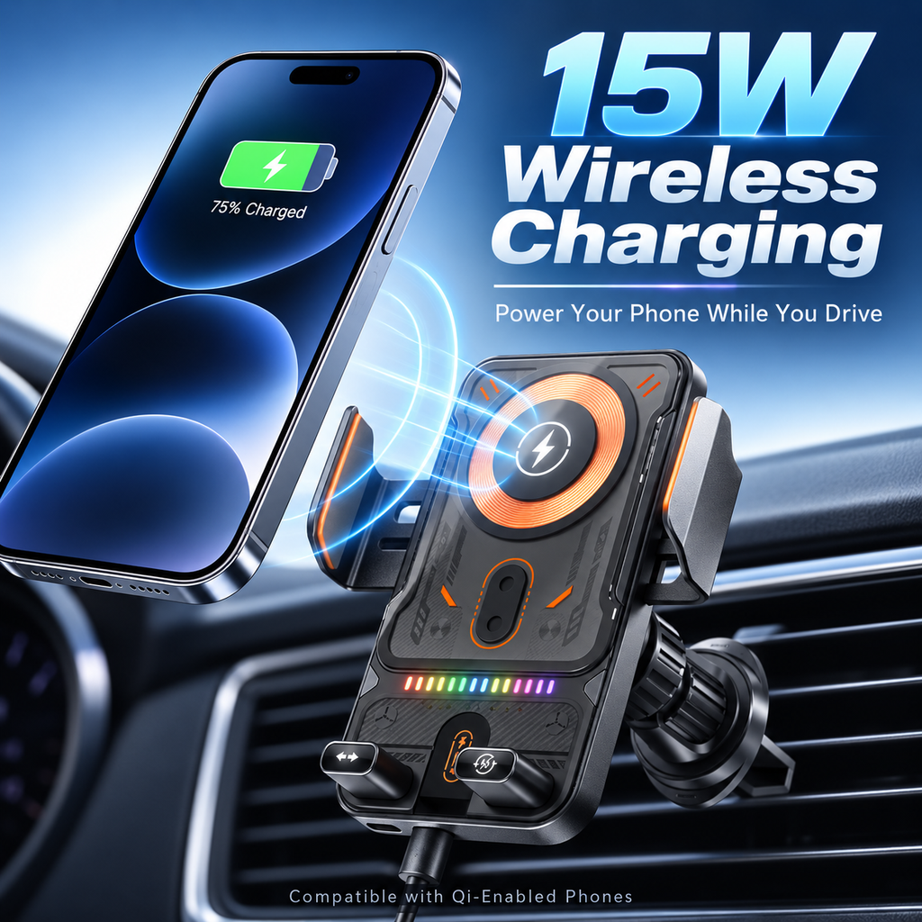 🔥 Smart 2-in-1 Car Phone Mount – 15W Wireless Charging & Auto-Rotating Grip