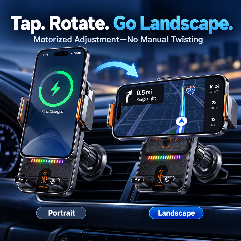 ⚡Smart 2-in-1 Car Phone Mount – 15W Wireless Charging & Auto-Rotating Grip