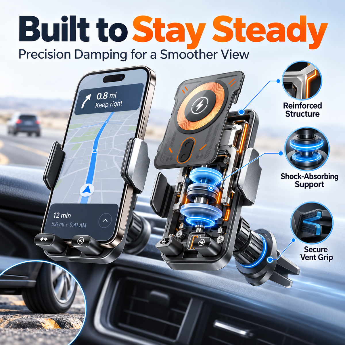⚡Smart 2-in-1 Car Phone Mount – 15W Wireless Charging & Auto-Rotating Grip