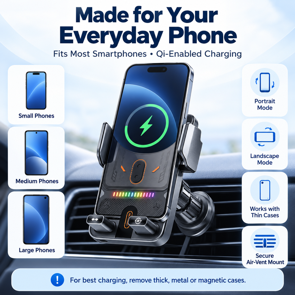 🔥 Smart 2-in-1 Car Phone Mount – 15W Wireless Charging & Auto-Rotating Grip