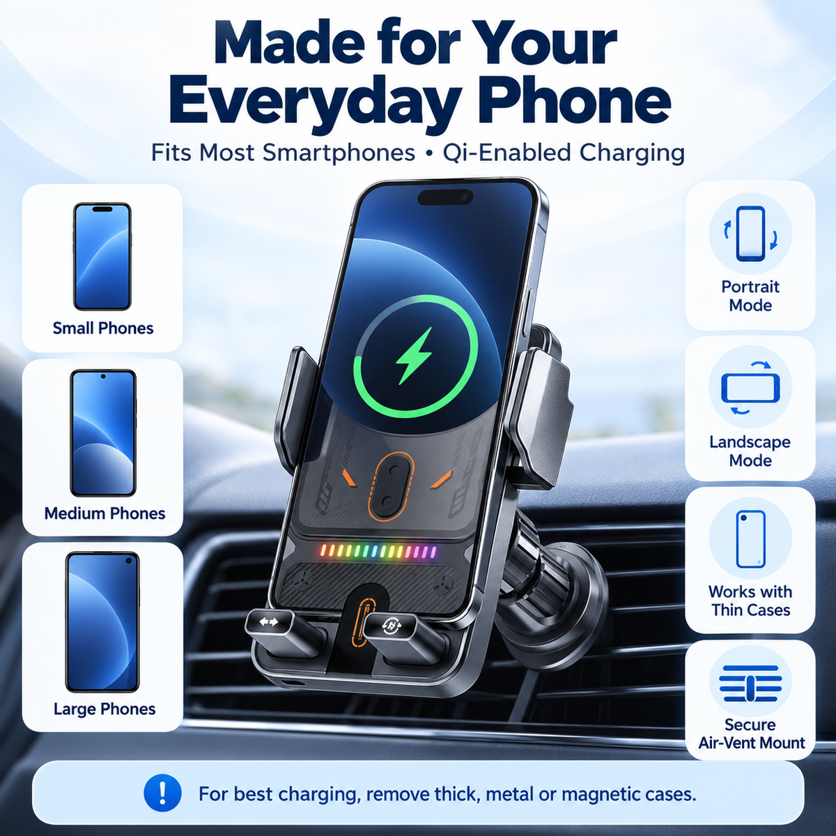 🔥 Smart 2-in-1 Car Phone Mount – 15W Wireless Charging & Auto-Rotating Grip