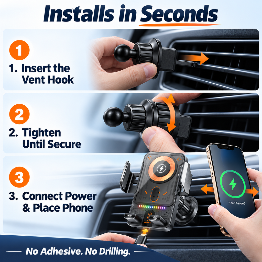 🔥 Smart 2-in-1 Car Phone Mount – 15W Wireless Charging & Auto-Rotating Grip