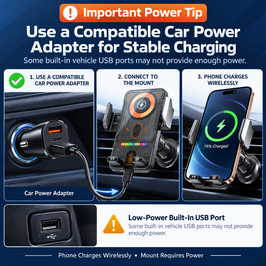 🔥 Smart 2-in-1 Car Phone Mount – 15W Wireless Charging & Auto-Rotating Grip