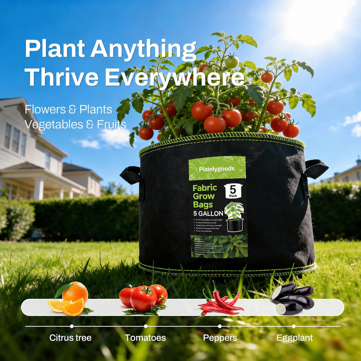 Plainlygoods 5-Pack 10 Gallon Grow Bags