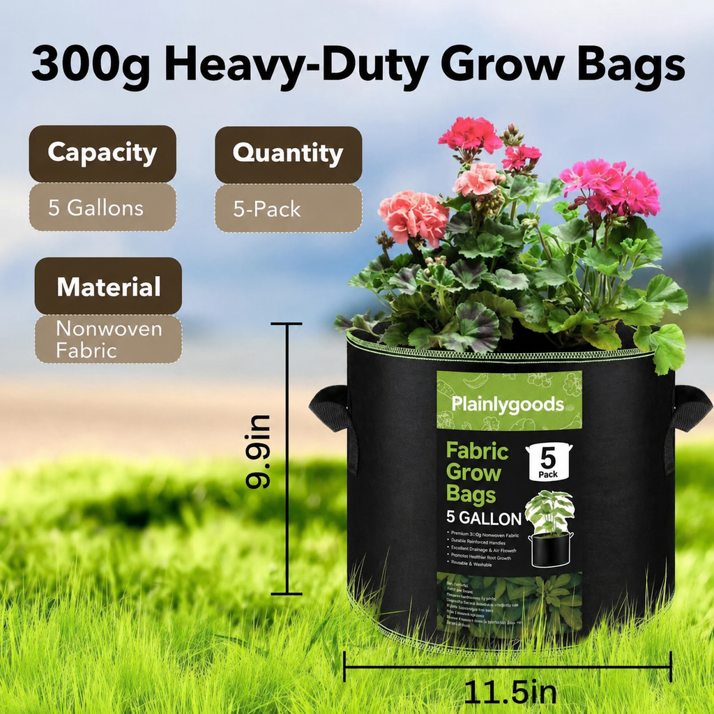 Plainlygoods 5-Pack 10 Gallon Grow Bags