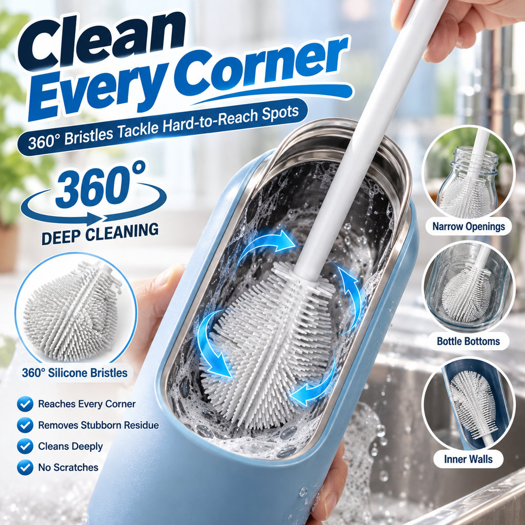 🧼360° Silicone Bottle Cleaning Brush with Long Handle
