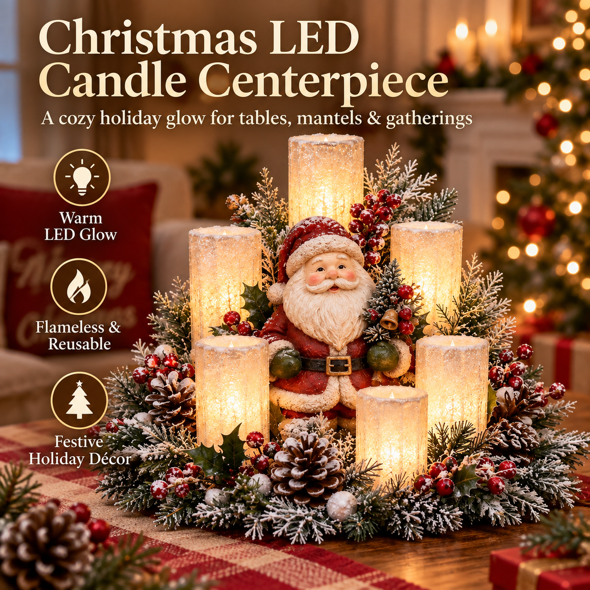 🌲Christmas Lighted Centerpiece with Flameless Candle Glow